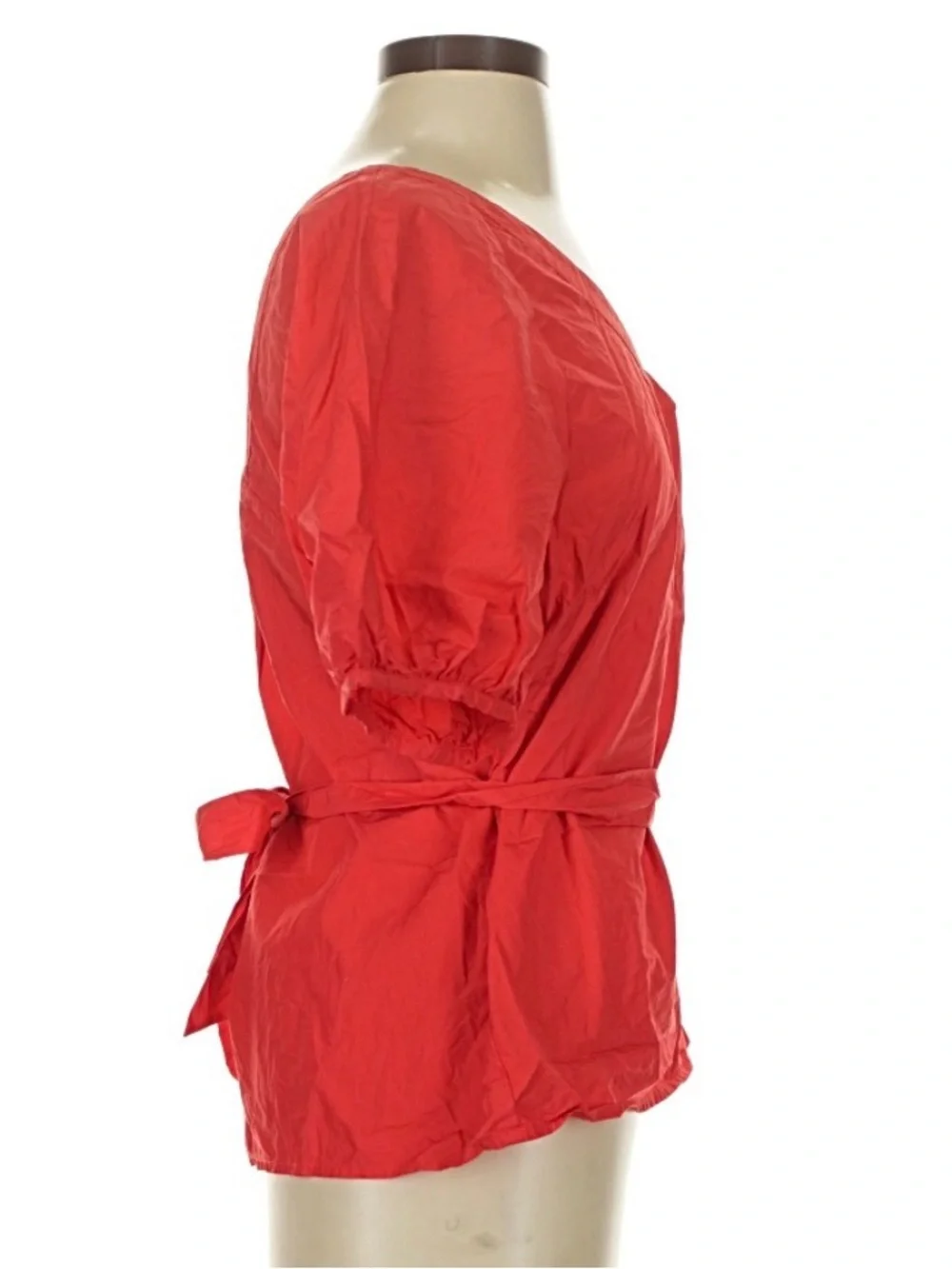 Banana Republic Coral Red V-Neck Puff Sleeve Belted Blouse